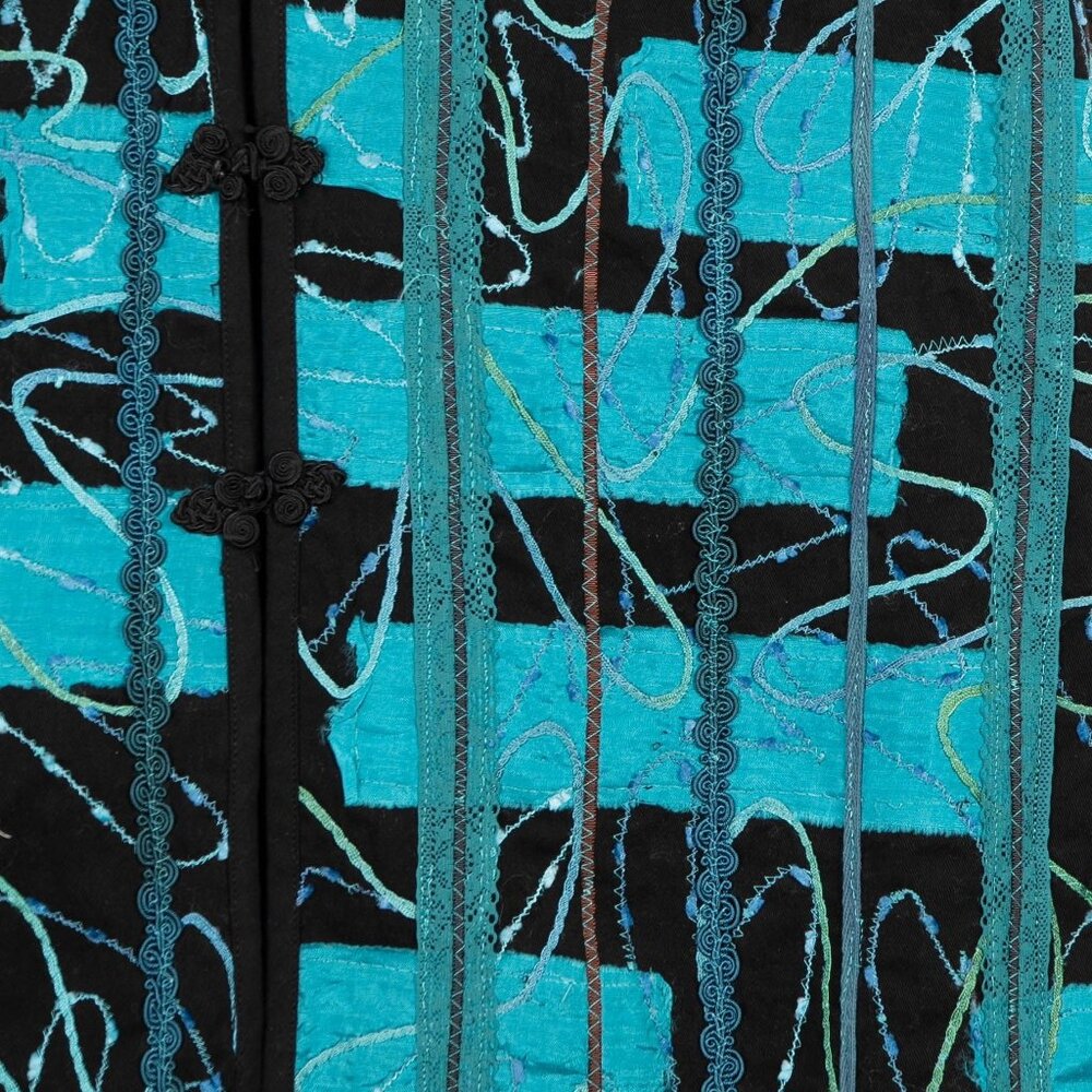 Abstract Crafty Vest XL Black Turquoise Scribbled Stitching Toggles Mandarin - Picture 4 of 6